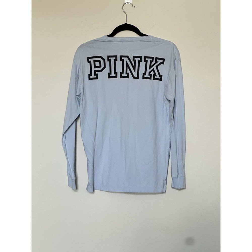 Victorias Secret PINK Long Sleeve Crew‎ Graphic Logo T-Shirt Baby Blue Size XS